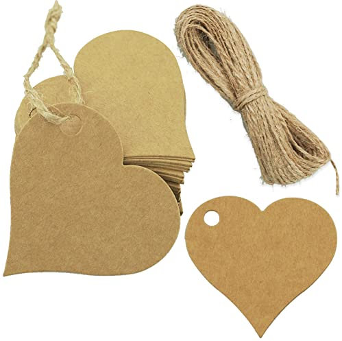 SZCXDKJ 100PCS Heart Blank Gift Tags, Brown Kraft Paper Lables with String for Wedding Valentine's Day