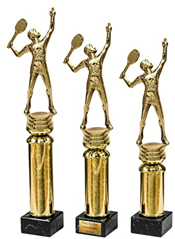 eberin · Tennis Pokal · Tennissport · Matchball Trophäe · Tennisschläger · Tennisspieler auf Goldsäule/Marmor schwarz · Auszeichnung · Pokal · in 3 Größen erhältlich · mit oder ohne Gravur ·