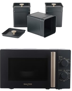 Salter COMBO-8855 Marino Microwave and Canister Set – 20L Freestanding Solo Microwave Oven, Carbon Steel Tea/Coffee/Sugar Tins, 27cm Glass Turntable, Adjustable Dial Control, 800W, Blue Grey
