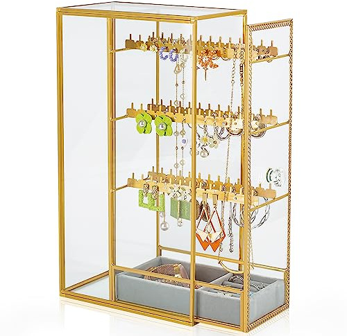 Jajamy Ohrringhalter aus Glas, Schmuck-Organizer, Ohrringhalter mit Haken zum Aufhängen, Glas-Ohrring-Präsentationsbox für Halsketten, Ringe