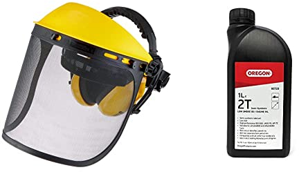 Oregon Q515061 Browguard, Ear Protectors & Steel Mesh Visor Combination, Adjustable Safety Face Shield with Ear Muffs & 2-Stroke Engine Oil, Self-Mixing Partly Synthetic Mineral Chainsaw Oil, 2T, 1 L