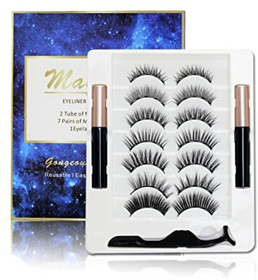 BeauFairy Faux Cils Magnétique Eyeliner Kit, 7 Paires de Cils Magnétique, 3D Naturel Faux Cils, Cils Magnétiques avec 2 Tubes Eye-liner,Imperméable et Sans Colle Requise, Réutilisables