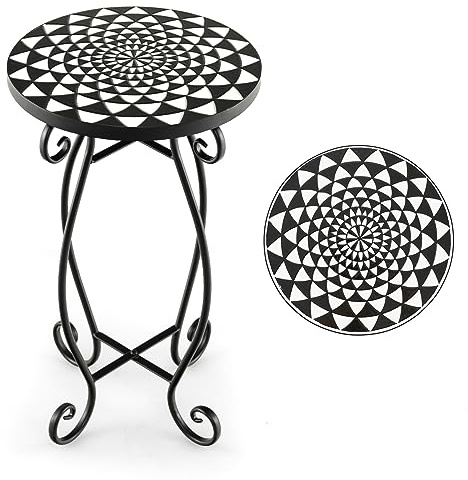 HOMASIS Mesa Auxiliar de Mosaico Redonda, Soporte para Plantas con Tablero de Metal y Azulejos, Mesa Robusta Resistente Exterior para Jardín, Balcón y Sala de Estar, 30x30x50cm (Negro+Blanco)