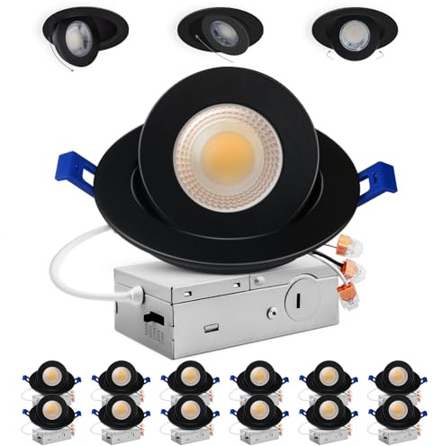 Adetu 4 inch 5CCT Gimbal Black Led Recessed Lights, 360°+90° Adjustable Directional Recessed Lighting, 2700K-5000K Dimmable Retrofit Eyeball Can Lights with Jbox, ETL&Energy Star (Black, 12 Pack)