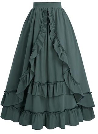 FCCAM Mittelalter Rock Damen Grün für Halloween, Renaissance Lang Maxirock A-Linie High Waist Stufenrock Vintage Skirts for Women, Grün, L