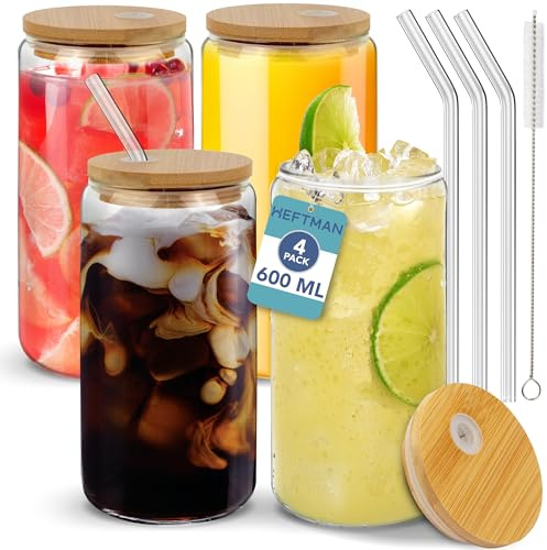 HEFTMAN Glasbecher mit Deckel und Strohhalmen | leere 600 ml dosenförmige Gläser mit luftdichten Bambusdeckeln, Glasstrohhalmen und Reinigungsbürste für Strohhalme