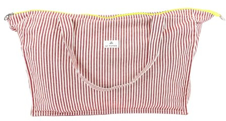 MY WANDER | Bolsa de Playa XXL con Cremallera | Bolso Tamaño Familiar 50L | 78x41x23cm | Plegable y Sostenible | Bolso Impermeable | Rayas Rojo