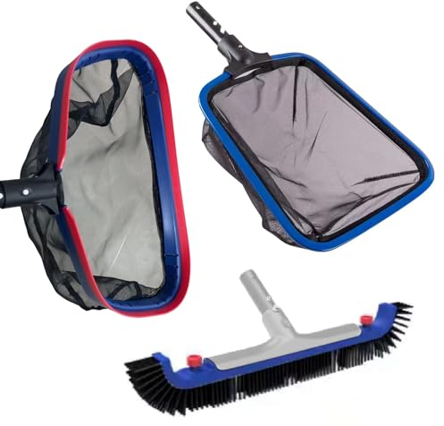 POOLAZA Deluxe Swimming Pool Cleaning Kit Including 20'' Pool Brush Head & Heavy Duty Pool Nets for Cleaning (17.5''Pool Net Skimmer & Semi-deep Ultra Fine Mesh Pool Skimmer Net with Aluminum Frame)