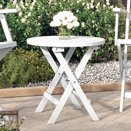 Homgoday Trädgårdsbord, fällbart, balkongbord, träbord, fällbord, trädgård, matbord, terrassbord, trädgårdsmöbler, bord för trädgård, balkong, terrass, vitt, Ø 46 cm, massivt trä, akacia