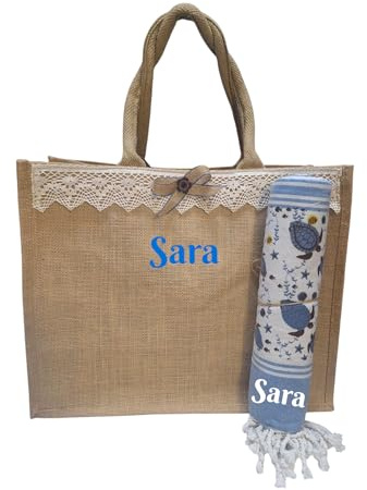 AmiAmarena Borsa spiaggia e telo mare personalizzate con ricamo. Set 2 pezzi, borsa mare e telo da donna. (Sabbia, Multicolore)