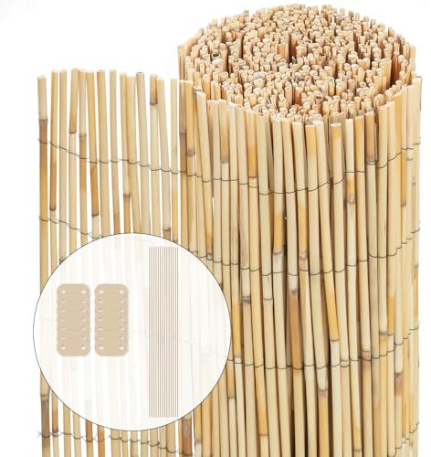 VOUNOT® Pantalla de Valla Caña Natural Reforzada, Pantalla Privacidad Rollos de Vallas Decorativas con Herrajes Montaje, Estera Caña Protección Visual Al Aire Libre para Patio Balcón Jardín, 90x600cm
