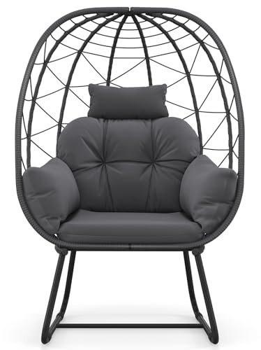 LIFEZEAL Rattansessel Outdoor, Loungesessel mit abnehmbarem Kissen, Korbsessel Eierstuhl mit Metallständer, Gartensessel Rattan für Balkon, Veranda, Terrasse (Grau)