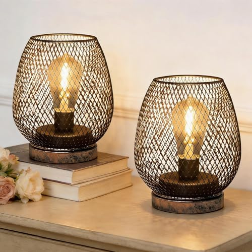 folwerpk 2 Pack Battery Operated Lamp Outdoor Table Lantern,Metal Cage Cordless Lamps with LED Bulb for Weddings Parties Patio Events Indoor Outdoor Patio Bedroom Living Room(Bronze)