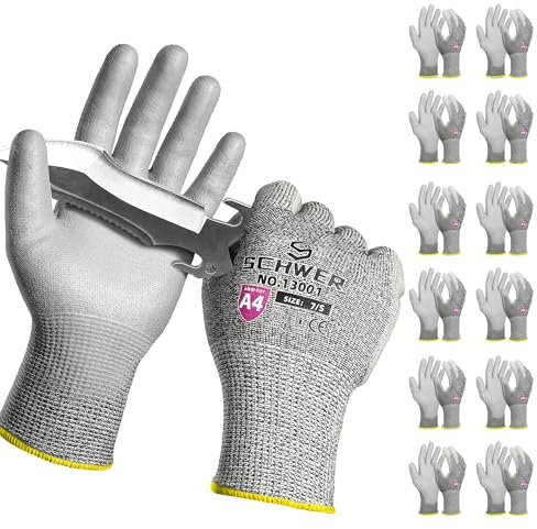 Schwer 12 paires de gants de travail anti-coupures niveau 4/D avec revêtement PU - Antidérapants & durables pour métallurgie, menuiserie et chantiers de construction,S