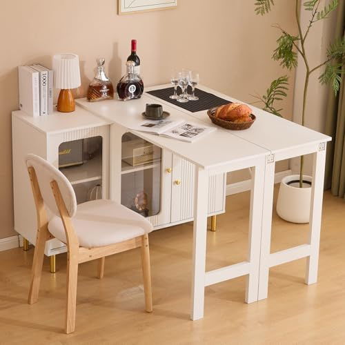 DRIXNOI Kreatives Buffet Sideboard mit klappbarem Ausziehtisch, Goldene Metallbeine, Glasschiebetüren, Verstellbare Einlegeböden und multifunktionales Design, Esszimmerschrank mit Wellenmuster Weiß