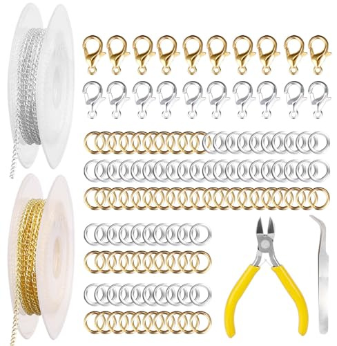 Bubuyun 2 STK 5m Schmuckkette Gliederkette Meterware Schmuckherstellung Kit Silber Gelb Schmuck machen Kette dünn Jewelry Link Chain mit 40 Karabinerverschluss und 100 Biegeringe für DIY Halskette