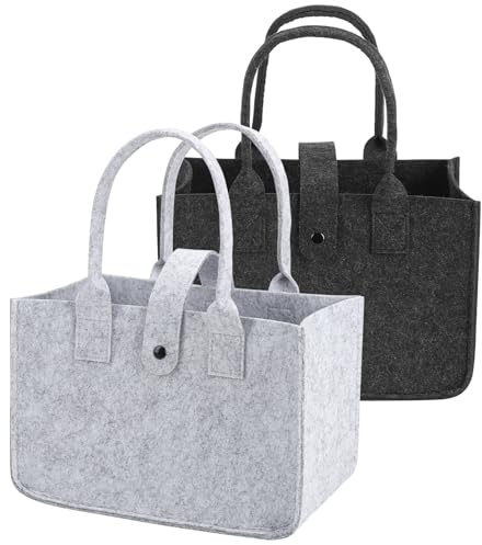 Xialvyu 2 Stück Filztasche Einkaufstasche,Faltbar Filztaschen Shopper | Klein Filzkorb Tragetasche Filz Kaminholztasche Kleiderkorb Aufbewahrung,30x20x18cm Hellgrau und Dunkelgrau