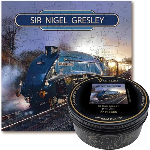 Victory Wooden Puzzles – ‘Sir Nigel Gresley’ Miniature Jigsaw Puzzle for Adults - 77 Pieces. Premium Linden Wood Train Jigsaw Puzzle in Metal Storage Tin with Special 'Whimsical' Shaped Pieces.