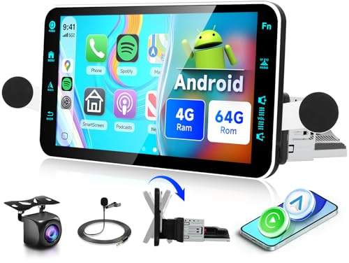 4G+64G Andriod Single Din 9-Inch Touchscreen Car Stereo with Wireless Carplay Android Auto, Car Radio Rotatable Screen 1 Din Bluetooth Mirror Link GPS WiFi, FM/RDS EQ with Backup Camera+Phone Holder
