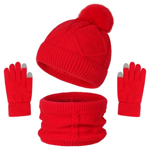 Enwokran 3-in-1 Winter Beanie Hat Scarf Gloves Set, Thermal Elastic Thicken Warm Brushed Inner Lining Knit Pom Bobble Cap Neck Warmer Touchscreen Gloves for Winter Cold Weather (Red)