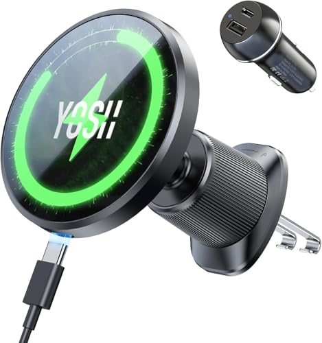 YOSH för MagSafe bilfäste med 15W laddningsfunktion, [dubbla metallkrokar och starka N55-magneter], bilhållare för MagSafe-laddare, luftventil för iPhone 17 16 15 14 13 12 med 60W billaddare
