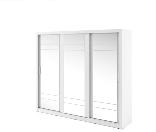 MINIO go for it - Armoire 250 cm de Large ERTA 2 Armoire avec 3 miroirs | Armoire à portes coulissantes avec tringle à vêtements et étagère, meubles de chambre, couleur : blanc mat