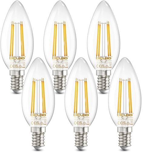 DiCUNO E14 Kerze LED Lampe für Kronleuchter, 4W, Warmweiß, 6er Pack | E14 Kerzenform C35, Filament LED ersetzt 40W Glühfaden, 480lm, 360° Abstrahlwinkel, nicht dimmbar, Klarglas-Leuchtmittel