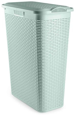 Slim Rattan Laundry Basket with Lid - 48.5 L Plastic Wicker-Style Hamper, Space-Saving & Durable Washing Bin for Bathroom, Bedroom or Utility Room (Green)