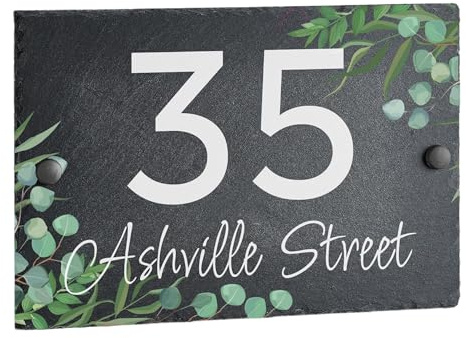 House Signs Direct Bespoke Slate House Sign, Rustic Grey, Floral Motif | Natural grey slate plaque with botanical detail and fixings included, weather-resistant, ideal for outdoor door mounting.