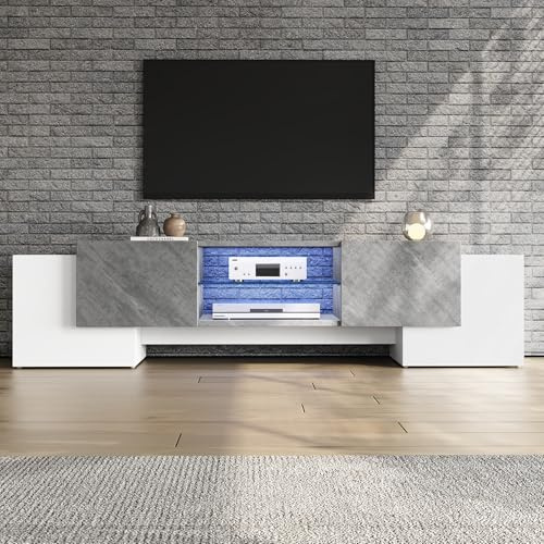 ModernLuxe TV Stand Cabinet with LED Lights, 4 Doors & 2 Open Storage Shelves, Media Console TV Units for Living Room or Bedroom, Fits up to 80-Inch Television, MDF, White & Grey, 180×40×46.5 cm