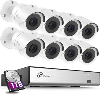 Loocam 1080P 8CH Wired CCTV Camera Systems with 1TB HDD, 8pcs Cameras | Human Vehicle Detection, 5MP Lite 4-in-1 Hybrid DVR, Home Surveillance Indoor Outdoor, 80ft Night Vision