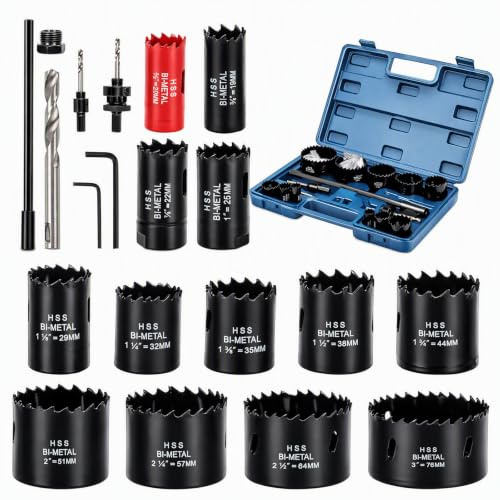 Lochsäge Set Bi-Metall (Ø 19-76 mm) M42 20-teiliges Bohrkronen Set mit Verlängerungsstange für Weichmetall, Holz, PVC Platte und Kunststoffplatte kompatibel mit Akkuschrauber | HSS-Bohrsägen-Set mit Wellen, Bohrer und Zubehör, zum Schneiden von Holz, Metall, PVC, Gipskarton, Glasfaser