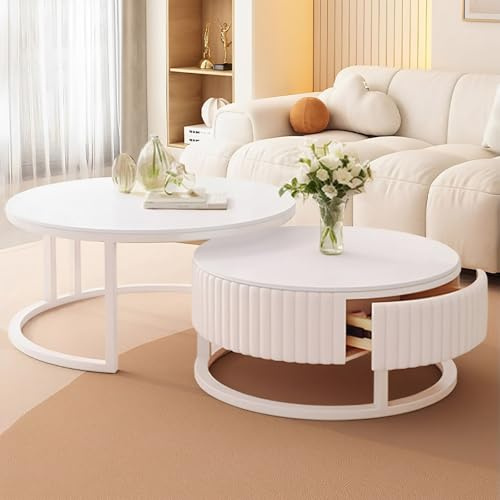 Runt Marmor Soffbord Med Förvaring Runt Nesting Soffbord Uppsättning Av 2 Moderna Vita Soffbord För Vardagsrum Soffbord Med Träförvaringslåda Boho Circle Center Table