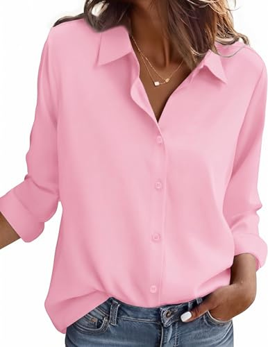 Zeagoo blus dam business strykfria blusar långärmad krage skjorta blus enfärgad button down skjortor elegant arbetstoppar skrynkelfri skjorta, ROSA, XXL