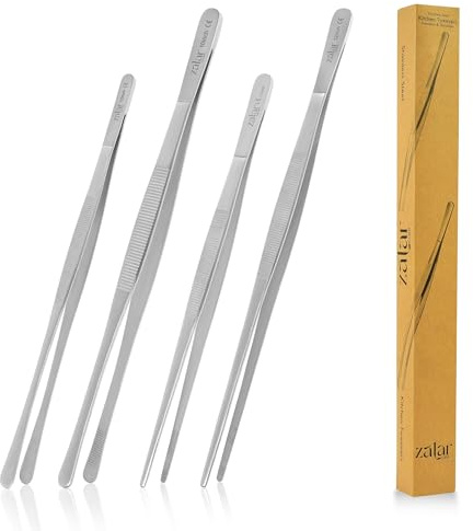 ZALAR Care Stainless Steel Kitchen Tweezers, 4 Piece Set, 25.5cm and 30.5cm, Precision Serrated Tips, Professional Chef Tongs for Cooking, BBQ, Plating and Serving, Silver