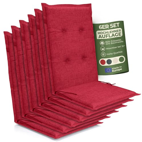 Petsation Florence Hochlehner Auflage – Gartenstuhlauflage Hochlehner mit Schaumstoff Polster, Outdoor Kissen & Stuhlkissen für Gartenstuhl, Sitzkissen Stuhl & Sitzkissen Bank, Outdoor (6, rot)