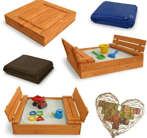 Premium Massivholz Sandkasten 100 x 100 cm Imprägniert mit Sitzbänken & Deckel Anthrazit Grau inkl. Sandkastenvlies & Abdeckplane Sandkiste
