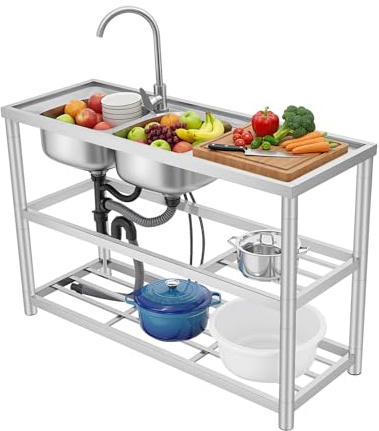 Évier de cuisine autonome en acier inoxydable - 120 x 45 x 80 cm - Évier de travail profond - Évier avec tuyau de vidange, tamis et pieds réglables pour la maison, le garage, la cuisine