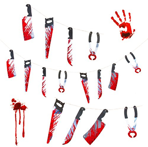 Oblique-Unique® Guirlande d'Halloween – Effet visuel réaliste avec couteau de sang et pince – Décoration d'Halloween effrayante.
