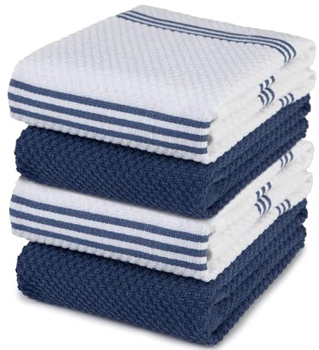 Sticky Toffee 100% Cotton Terry Tea Towel - Blue Plain & Stripe Pattern, Pack of 4 | Kitchen Towel Set | Absorbent, Strong, Quick Dry & Machine Washable | Home & Bathroom Accessories