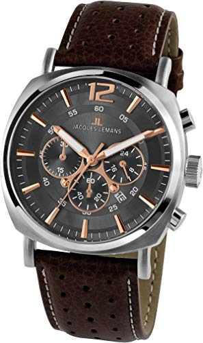 JACQUES LEMANS Herrenuhr Lugano Lederarmband massiv Edelstahl Chronograph 1-1645.1H