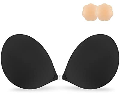 Niidor Soutien-Gorge Adhésif sans Bretelles Collant Invisible Push Up Soutien-Gorge Silicone Mamelon Couvre pour Robe Dos Nu-Tissu Noir(B Cup)