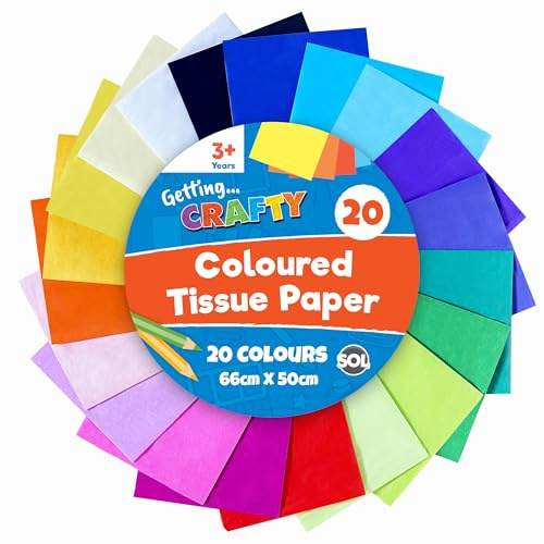 SOL 20pk Coloured Tissue Paper for Wrapping Gifts 66x50cm Sheets for Packaging, Crafting for Kids, Arts, Gift Boxes & Bags - Bright Rainbow Coloured Art Papers, Gift Wrapping & Party Decorations