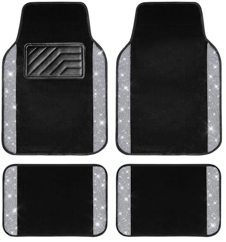 CAR PASS Bling Diamond Car Floor Mats, Shining Rhinestone Carpet Sparkly Glitter Crystal with Anti-Slip PVC Heel Pad Waterproof Universal Fit Automotive SUV,Sedan,Van,Cute Girl Women,4pcs Black Sliver