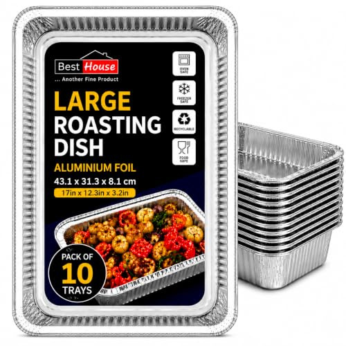 BH | Large Aluminium Foil Baking Trays | 43.1 x 31.3 x 8.1 cm | 10 Pack | Heavy-Duty, Oven Safe, Recyclable, Disposable Roasting Pans for Baking, Cooking, Catering & Food Preparation
