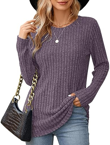 WNEEDU Pullover Damen Rundhals Lose Damen Langarmshirt Herbst Elegant Basic Sweatshirt Lässige Oberteile Bluse Tunika Tops Lila S