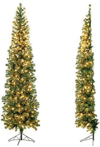 COSTWAY Sapin de Noël Moitié Artificiel 210 cm, 150 Lumières LED Blanc Chaud, Arbre Pliable avec 450 Branches, Support en Métal, Décoration Fête, Convient pour Les Coins