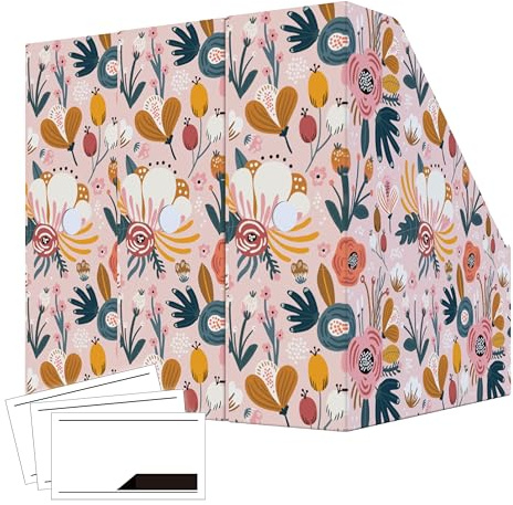 ANSSDO 6 Pack Cardboard Magazine Holder - Premium Magazine File Organizer, Large Volume Storage Box as Book Bins or Folder Holder for Desk - Pink Floral | 12 Pieces Lable Included; Large Volume Recycable Cardboard Storage Box for Letter-sized Documents or Textbooks on Desk