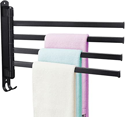 BestAlice Vridbar handdukshängare för badrum, rostfritt stål 4-armad handduksstång, platsbesparande väggmonterad handdukshållare med krok, 180 graders rotation handdukshängare (svart)