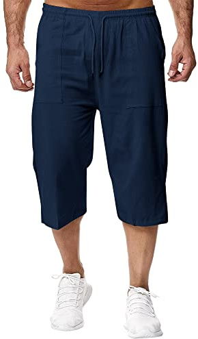 Remxi Short 3/4 en Lin pour Homme - Coupe Ample - Pantalon Cargo d'été décontracté Bleu Marine M